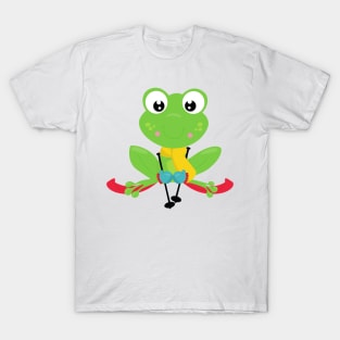 Winter Frog, Cute Frog, Green Frog, Skis, Skiing T-Shirt